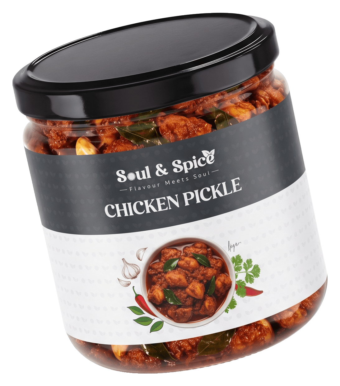 Chicken Pickle jar, angled view
