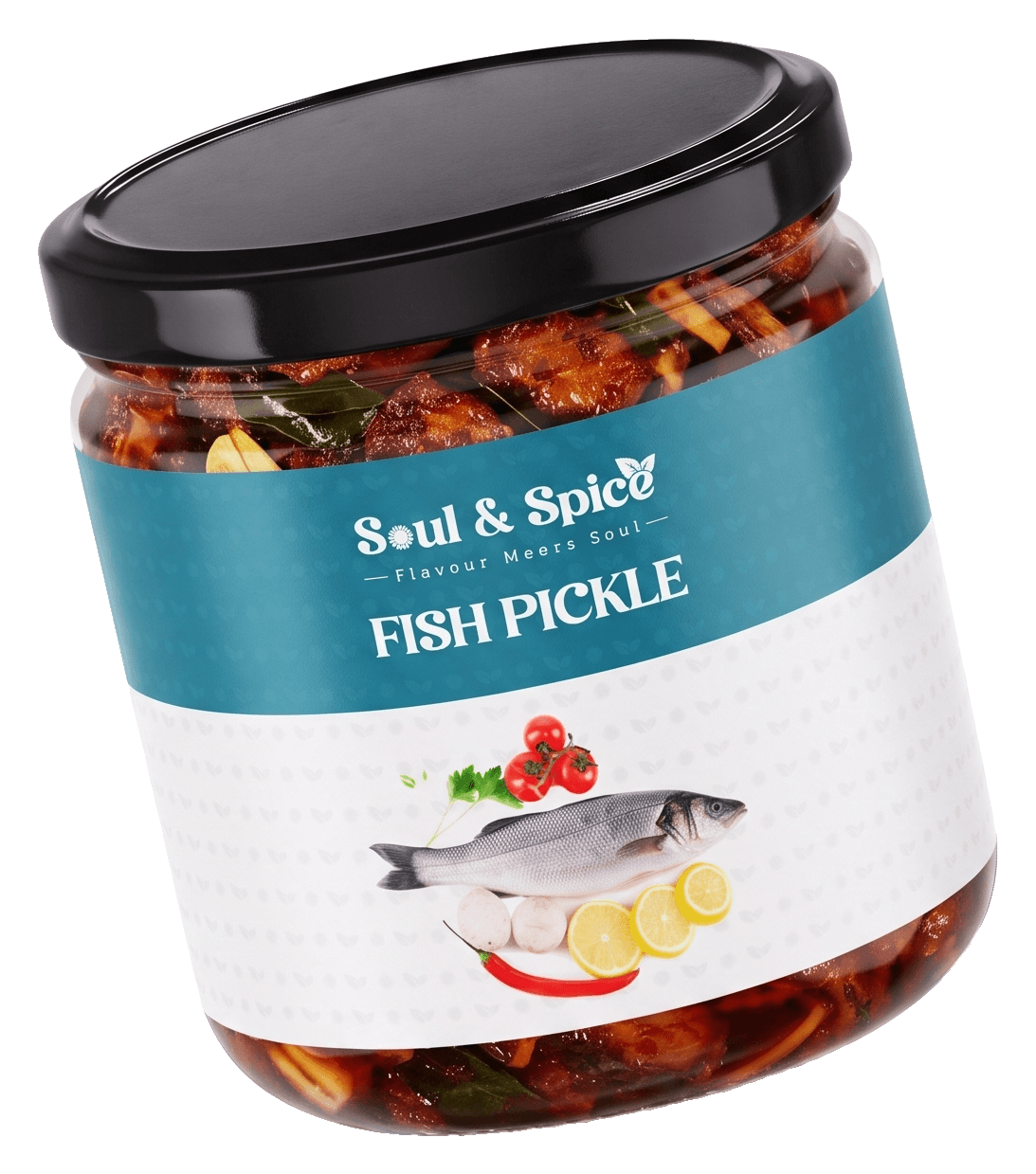 Fresh Fish Pickle jar, angled view