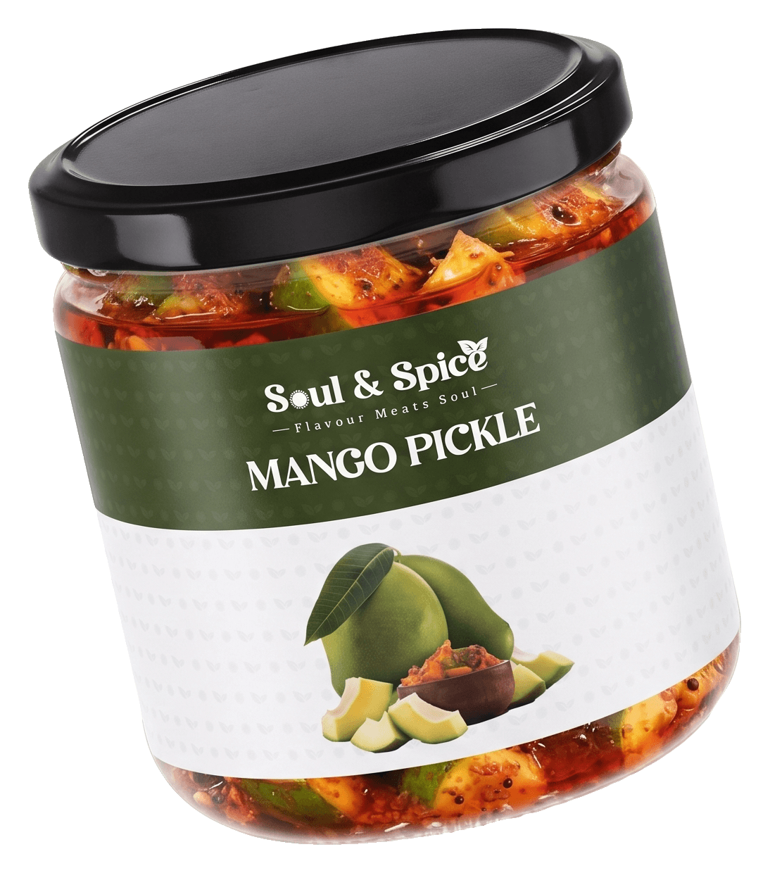 Classic Mango Pickle jar, angled view