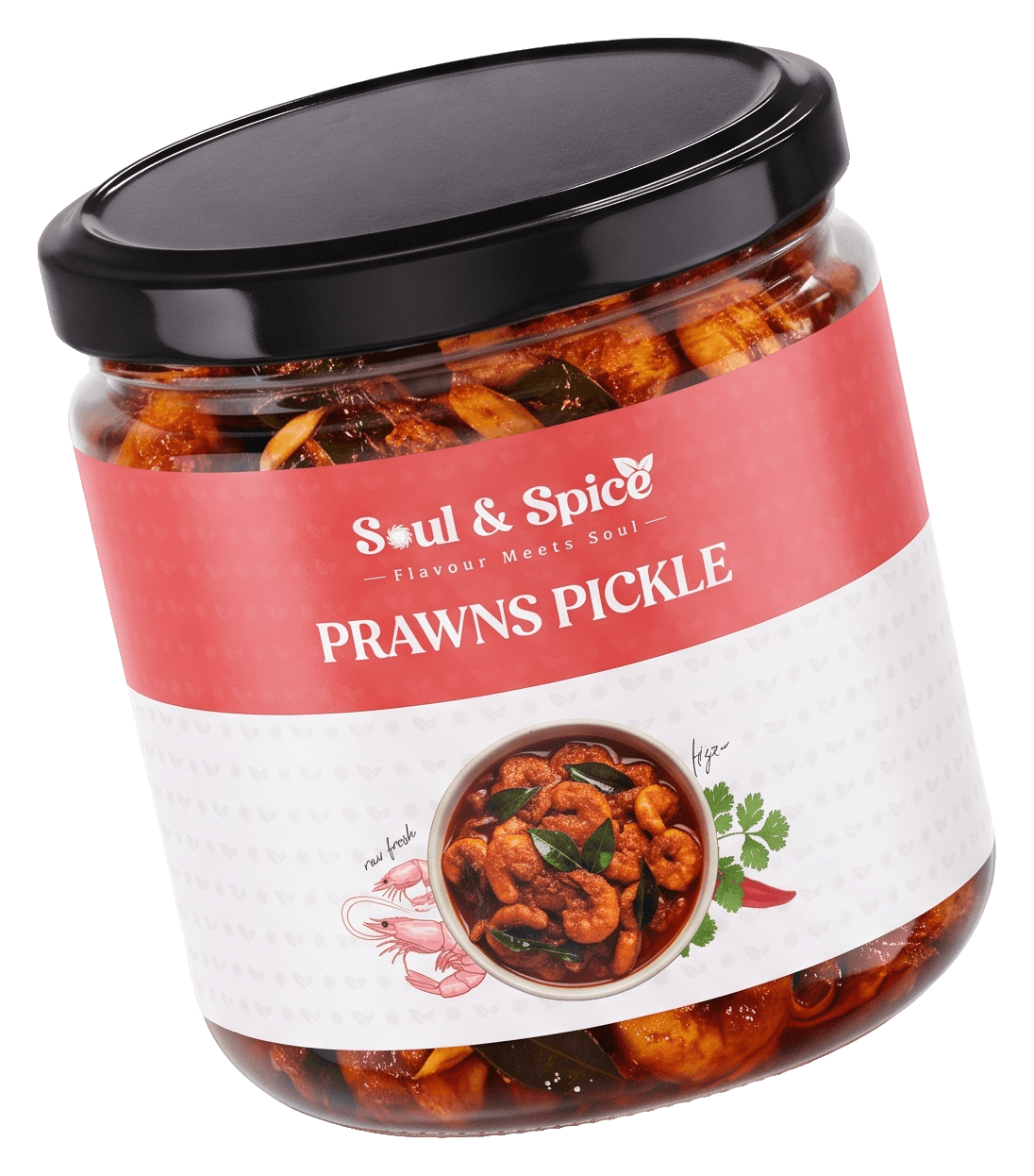 Prawns Pickle jar, angled view